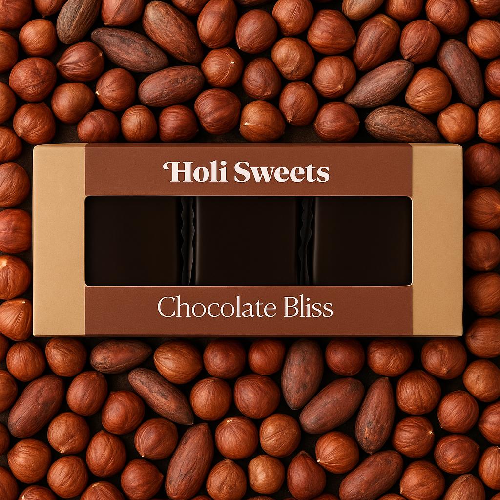Holi Sweets Chocolate Bliss veganes Dessert auf Haselnuss- und Kakaobohnen-Hintergrund.