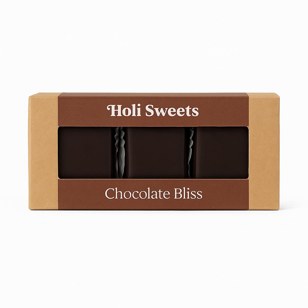 Holi Sweets Chocolate Bliss vegan dessert box with three handmade, gluten-free, refined sugar-free chocolate treats in eco-friendly packaging – perfect gift from Munich