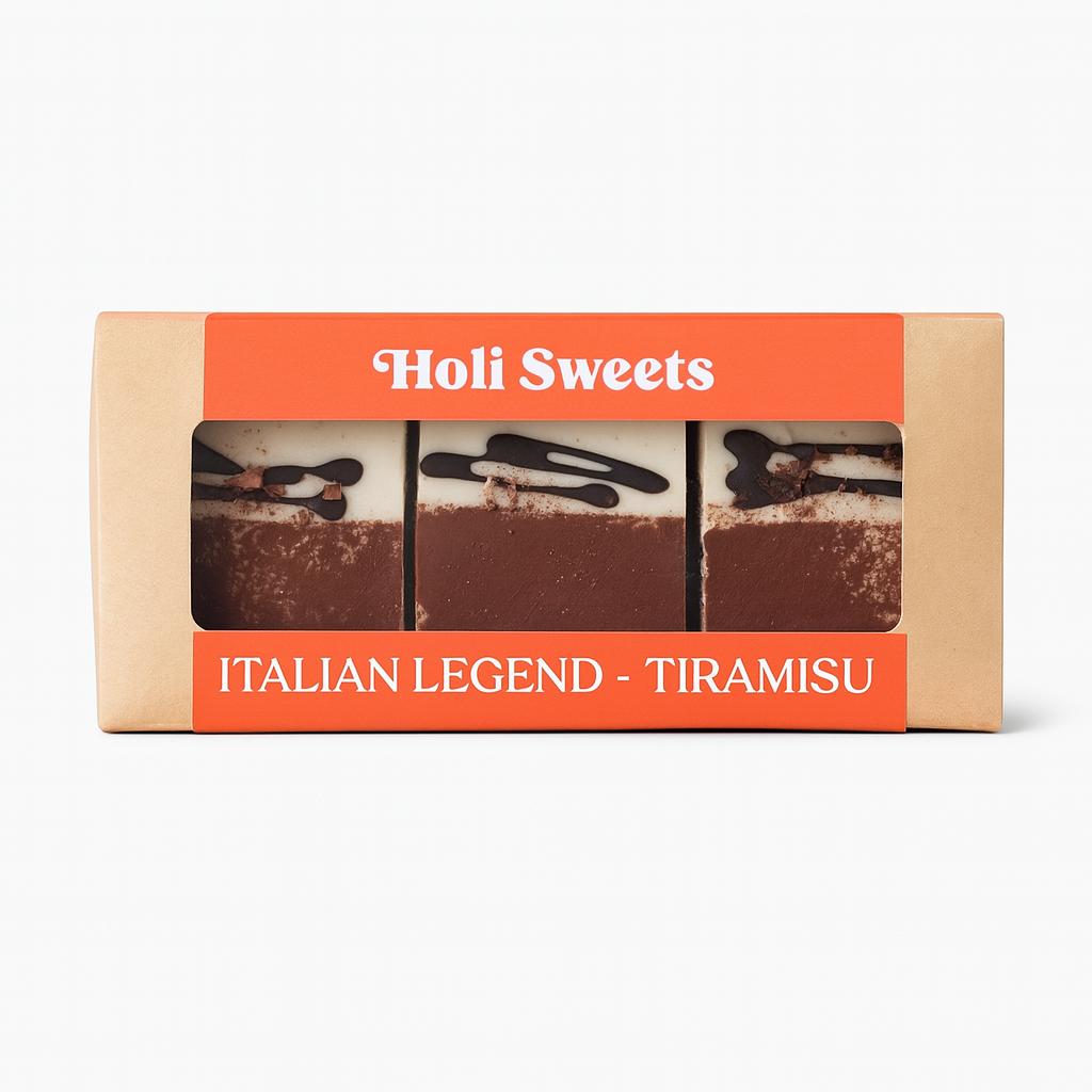 Holi Sweets Italian Legend Tiramisu vegan dessert box with three handmade, gluten-free, dairy-free tiramisu treats in eco-friendly packaging – perfect healthy indulgence from Munich