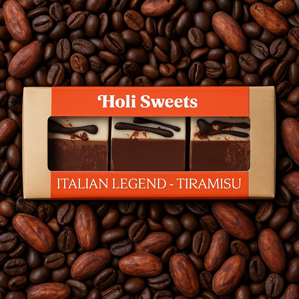 Eine quadratische Produktaufnahme der veganen Nachspeise 'Italian Legend – Tiramisu' von Holi Sweets, präsentiert in einer umweltfreundlichen Box, arrangiert auf einem natürlichen Hintergrund aus Kaffee- und Kakaobohnen. Perfekt für Liebhaber von pflanzlichen Desserts ohne raffinierten Zucker, Gluten oder tierische Produkte.