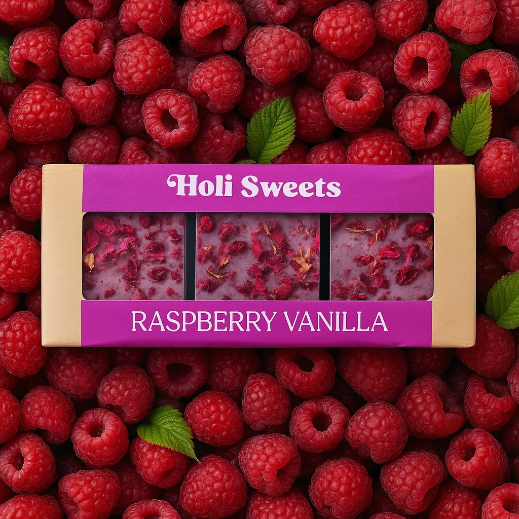 Holi Sweets Raspberry Vanilla vegan dessert box placed on a background of fresh raspberries with green leaves – plant-based, gluten-free, dairy-free, refined sugar-free treat in eco-friendly packaging, handmade in Munich