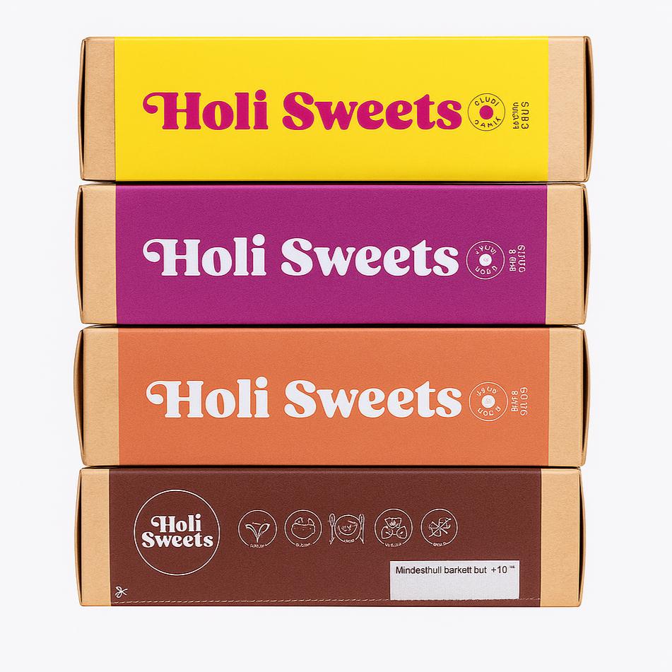 Holi Sweets vegane Dessertverpackung – bunte gestapelte Boxen mit umweltfreundlicher, glutenfreier, zuckerfreier und handgemachter Kennzeichnung