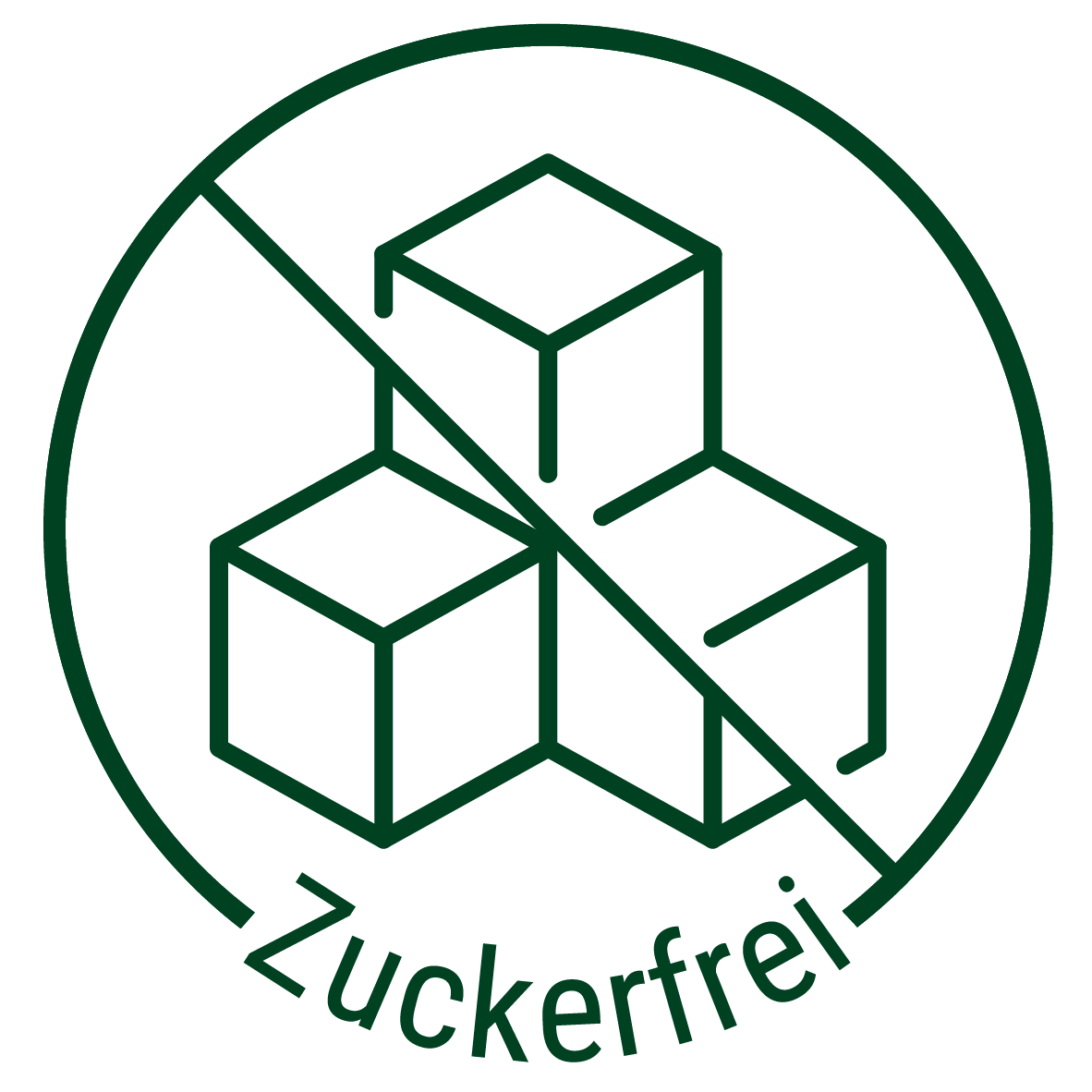 Zuckerfrei Icon: Zuckerwürfel mit rotem Kreuz symbolisiert natürlich gesüßte Desserts ohne Industriezucker