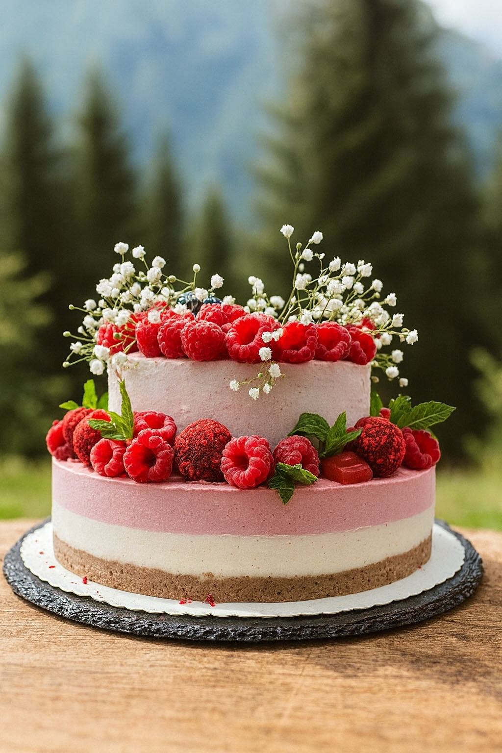 Zweistöckige, zuckerfreie Hochzeitstorte mit Himbeeren und essbaren Blüten – veganer Rohkostkuchen aus München.