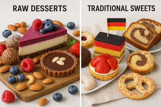 Vergleich zwischen rohen Süßwaren und traditionellen Süßigkeiten - links gesunde Raw Desserts mit Beeren und Nüssen, rechts herkömmliche deutsche Backwaren