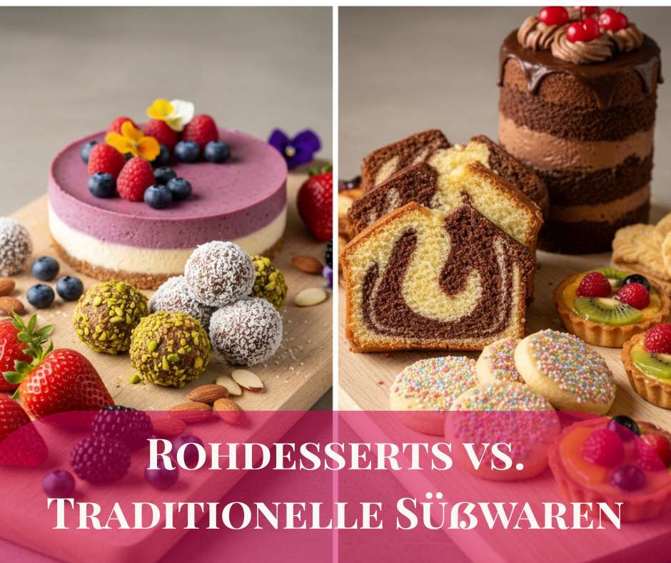 Vergleichsbild: Links roh-veganer Beerenkuchen mit Früchten und Energy Balls. Rechts traditionelle Süßwaren wie Marmorkuchen, Schokotorte, Obsttörtchen und bunte Kekse. Unten steht ‚Rohdesserts vs. Traditionelle Süßwaren‘.