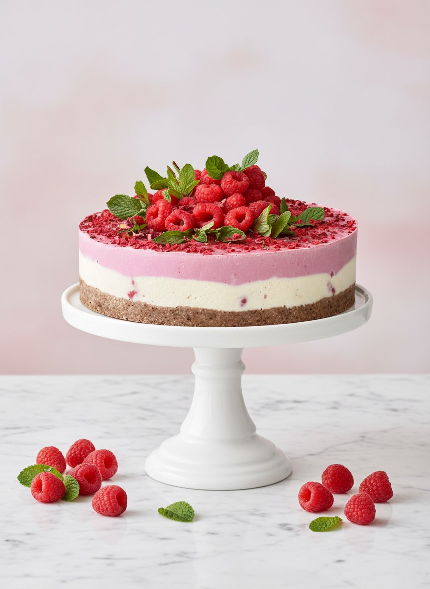Veganer Himbeer-Rohkostkuchen auf einer weißen Tortenplatte, geschichtet mit rosa und weißer Creme