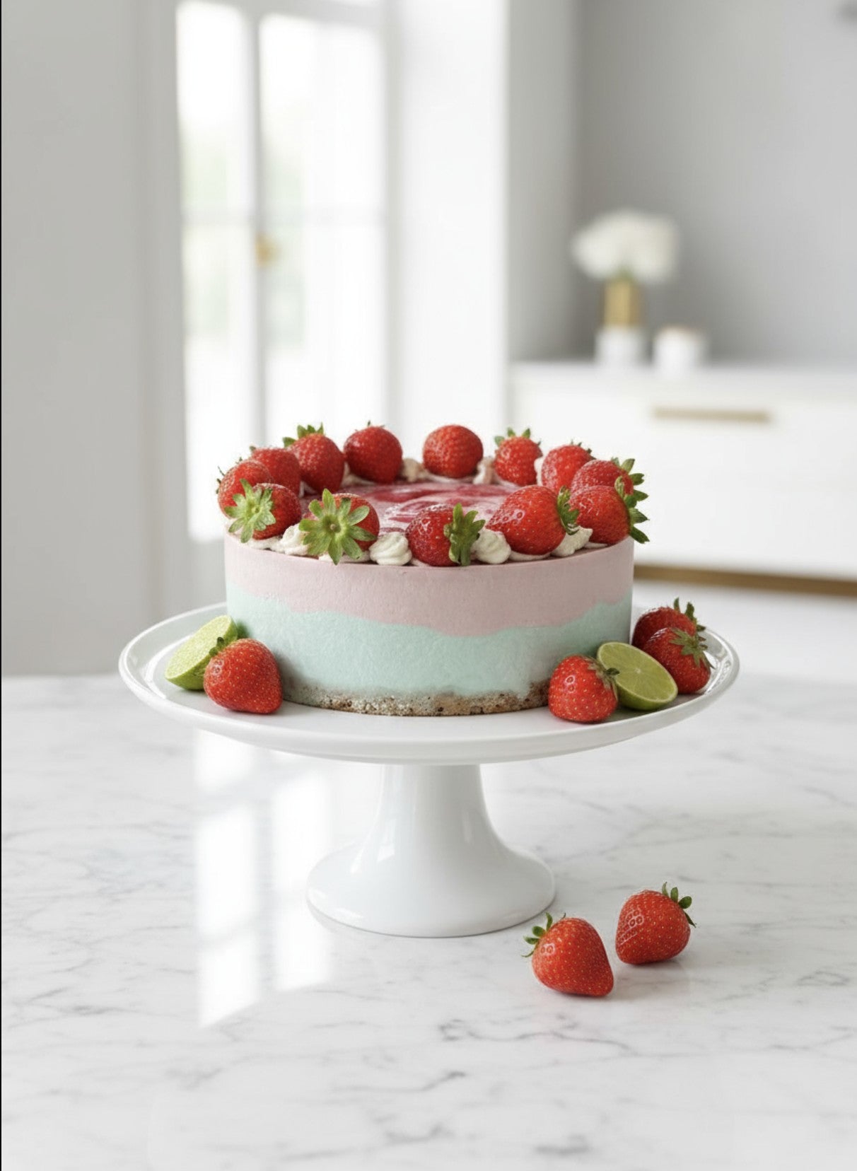 Veganer Erdbeer-Limetten-Rohkostkuchen auf einer weißen Tortenplatte, mit rosa und mintgrüner Creme geschichtet, dekoriert mit frischen Erdbeeren, Limettenscheiben und Creme-Tupfen, auf einem Marmortisch in heller Küche.