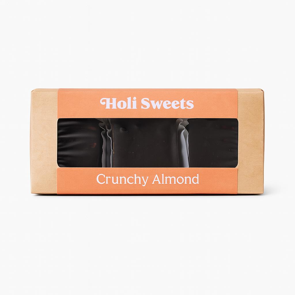 Holi Sweets Crunchy Almond vegan chocolate box with three handmade, gluten-free, refined sugar-free almond treats in sustainable packaging – perfect healthy gift from Munich