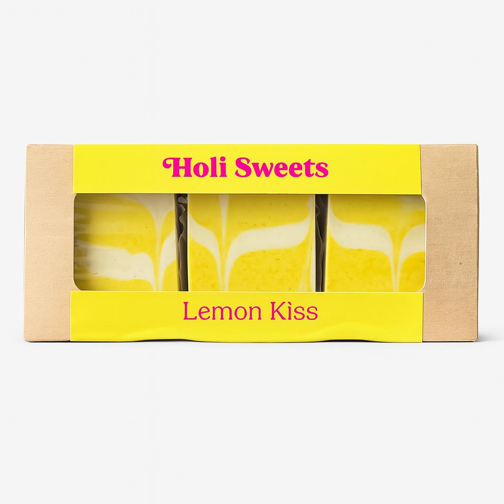 Holi Sweets Lemon Kiss vegan dessert box with three handmade, gluten-free, dairy-free lemon swirl bars in eco-friendly packaging – bright citrusy gift idea from Munich