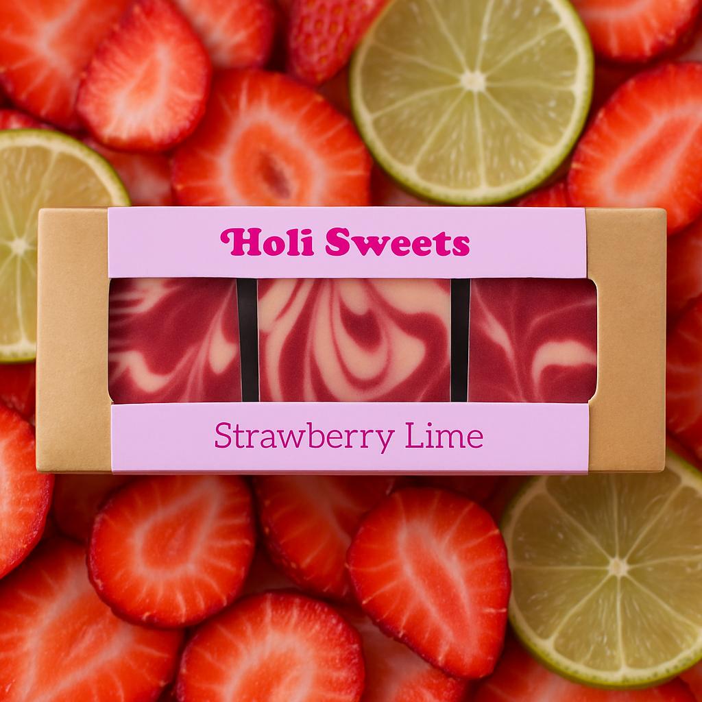 Holi Sweets Strawberry Lime vegan dessert box placed on natural slices of fresh strawberries and limes, featuring handmade gluten-free, dairy-free marbled bars in eco-friendly packaging – vibrant and organic treat from Munich