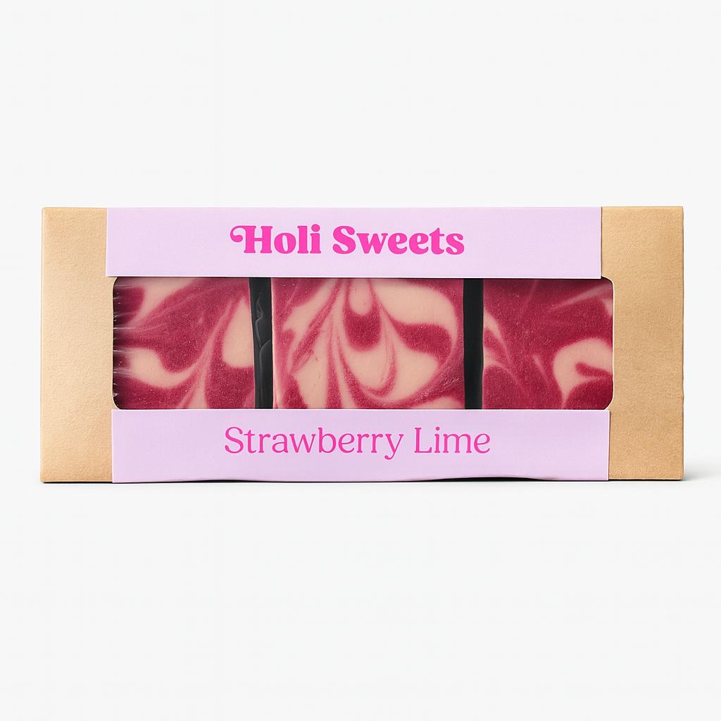 Holi Sweets Strawberry Lime vegan dessert box with three handmade, gluten-free, dairy-free fruity swirl bars in eco-friendly packaging – fresh and vibrant treat from Munich