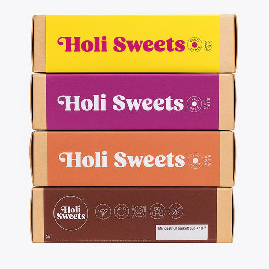 Holi Sweets vegane Dessertverpackung – bunte gestapelte Boxen mit umweltfreundlicher, glutenfreier, zuckerfreier und handgemachter Kennzeichnung