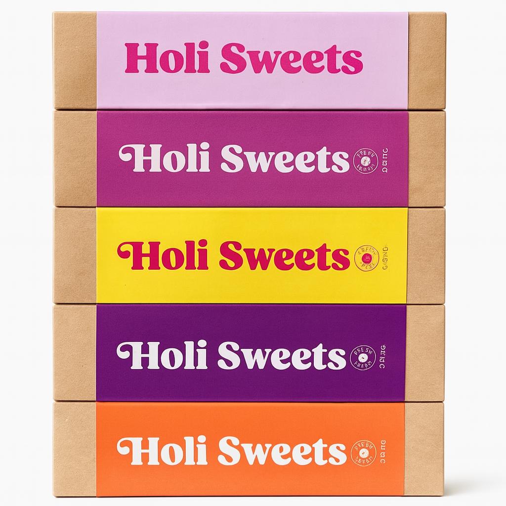Stack of five colorful Holi Sweets vegan dessert boxes including Strawberry Lime, Raspberry Vanilla, Lemon Kiss, Blueberry Almond, and Tiramisu – gluten-free, refined sugar-free gift box with eco-friendly packaging from Munich
